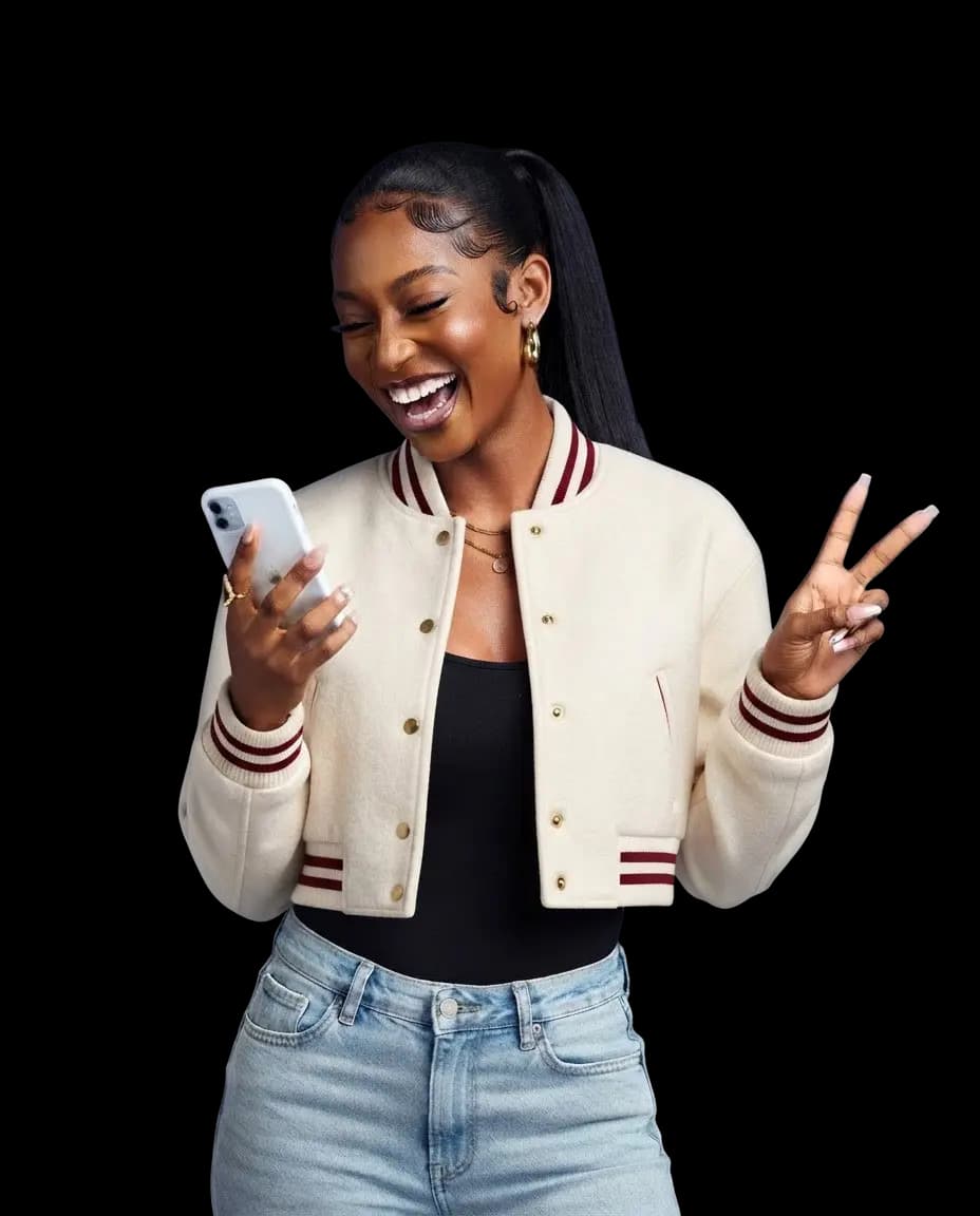 Smiling Swapto user holding a phone
